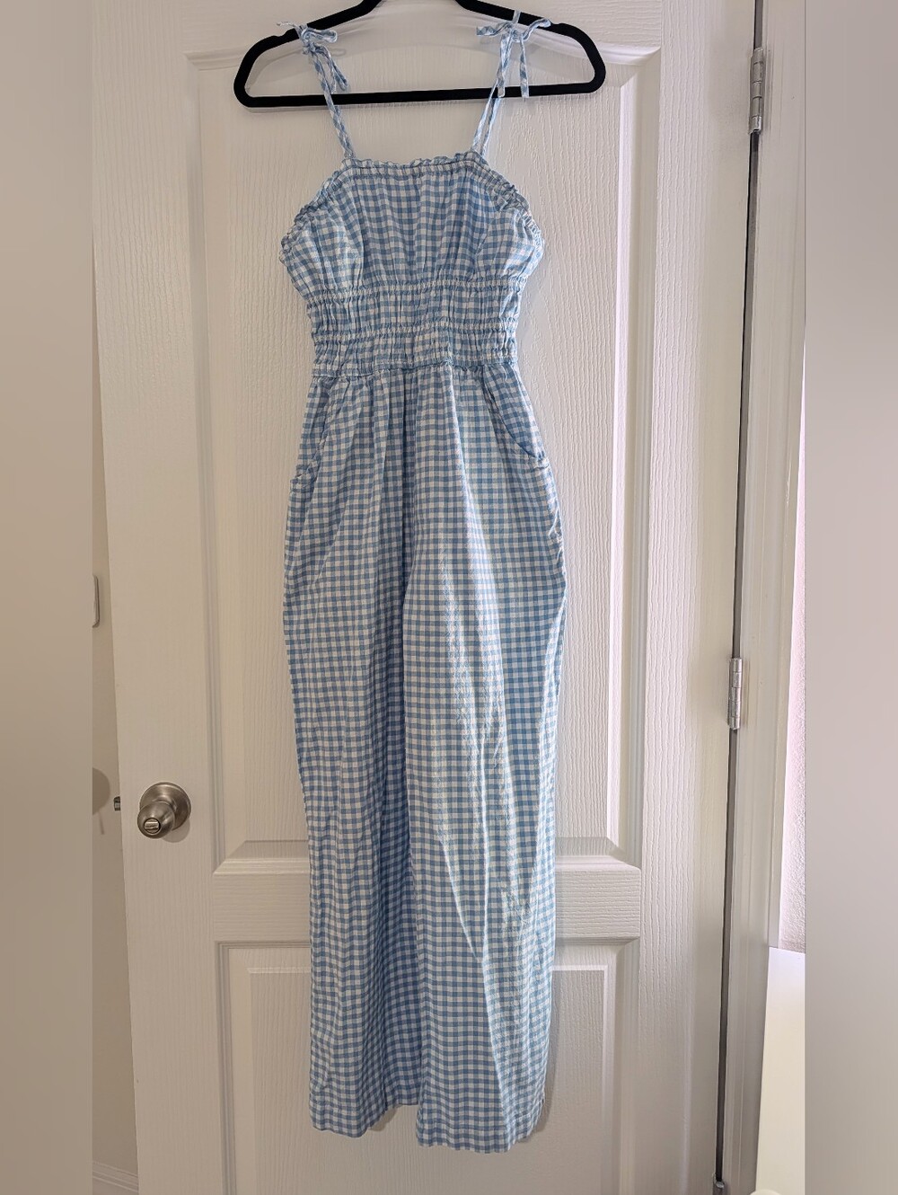 Sleeveless Blue Gingham Jumpsuit with Smocked Waist - Picture 6 of 6